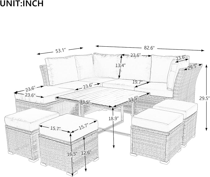 9 Piece Patio Furniture Set with Solid Wood Coffee Table and Ottomans, Rattan Modular Outdoor Sectional Conversation Sofa, for Garden Backyard, Onesize, Gray