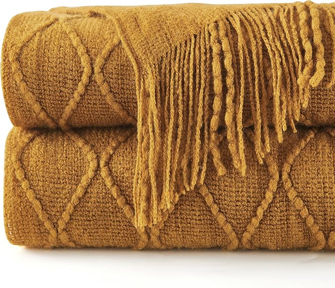 inhand Knitted Fall Throw Blanket for Couch and Bed, Knit Fall Decor Halloween Blanket with Tassel, Brown Lightweight Decorative Farmhouse Warm Woven Blankets and Throws for Women, 50"x60"