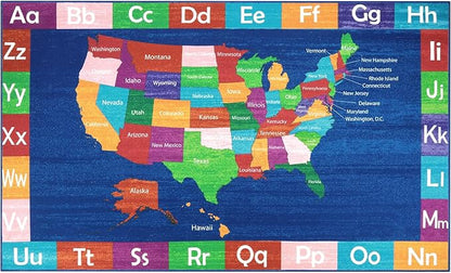 LIVEBOX USA Map ABC Baby Play Mat for Kids Room, 3x5 Ft Alphabet Washable Classroom Rug, Kids Playroom Rug for Educational, Non-Slip Baby Crawling Mat for Nursery Room, Toddlers Room