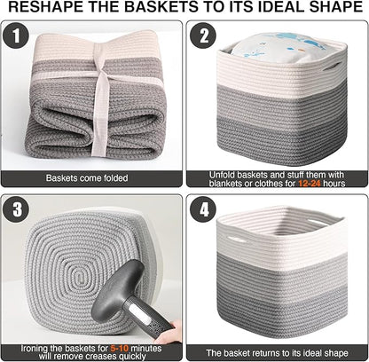 11 Inch Cube Storage Bins, Storage Cube Organizer Bins, Woven Cotton Rope Basket for Storage, Storage Baskets for Organizing Shelves, Grey Baskets for Toys, Gradient Grey (Pack of 3)