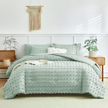 7 Pieces Tufted Dots Bed in a Bag King Comforter Set with Sheets Green , Soft and Embroidery Shabby Chic Boho Comforters, Solid Color with Pom Pom Design, Jacquard Tufts Bedding Set for All Season