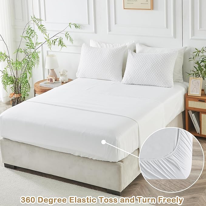 Queen Size Tufted Kids Comforter Set 7 Piece White Jacquard Tufts Embroidery Bedding Set for Boys Girls Bed in A Bag Quilt with 1 Comforter, 1 Flat Sheet, 1 Fitted Sheet, 2 Pillowcase, 2 Pillow Sham