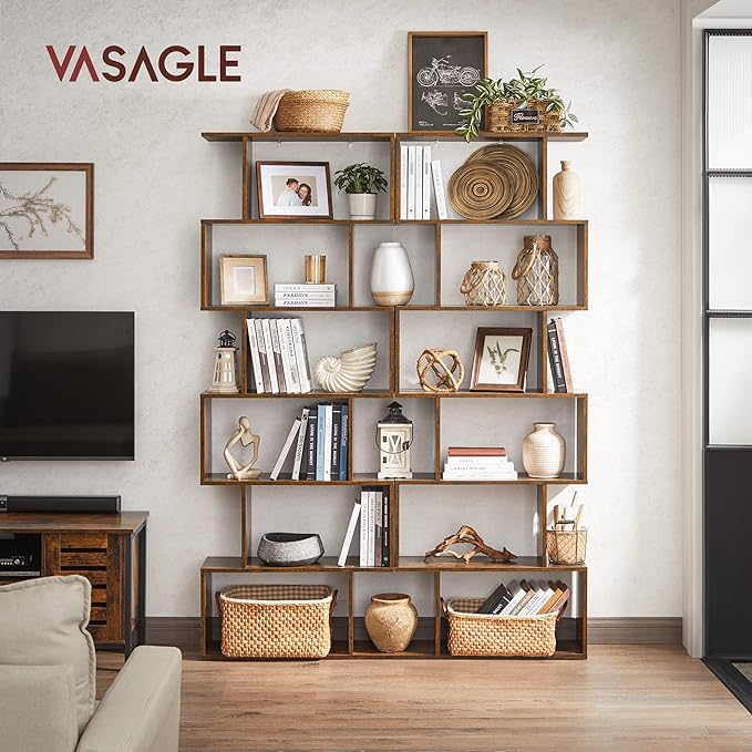 VASAGLE Bookshelf, 6-Tier Bookcase, Tall Display Shelf, Freestanding Storage Shelf, Room Divider, for Home Office, Living Room, Bedroom, Study, Rustic Brown ULBC61BX