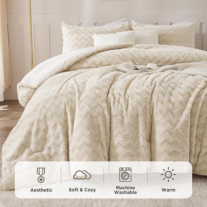 Andency Beige Fleece Comforter Set Full, 3 Pieces Fuzzy Shaggy Faux Fur Bedding Comforter Set, Warm Soft Plush Fluffy Sherpa Bed Comforter Set for Winter