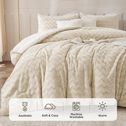 Andency Beige Fleece Comforter Set Queen Size, 3 Pieces Shaggy Faux Fur Bedding Comforter Set for Queen Bed, Fuzzy Plush Warm Sherpa Bed Comforter Set for Women Man