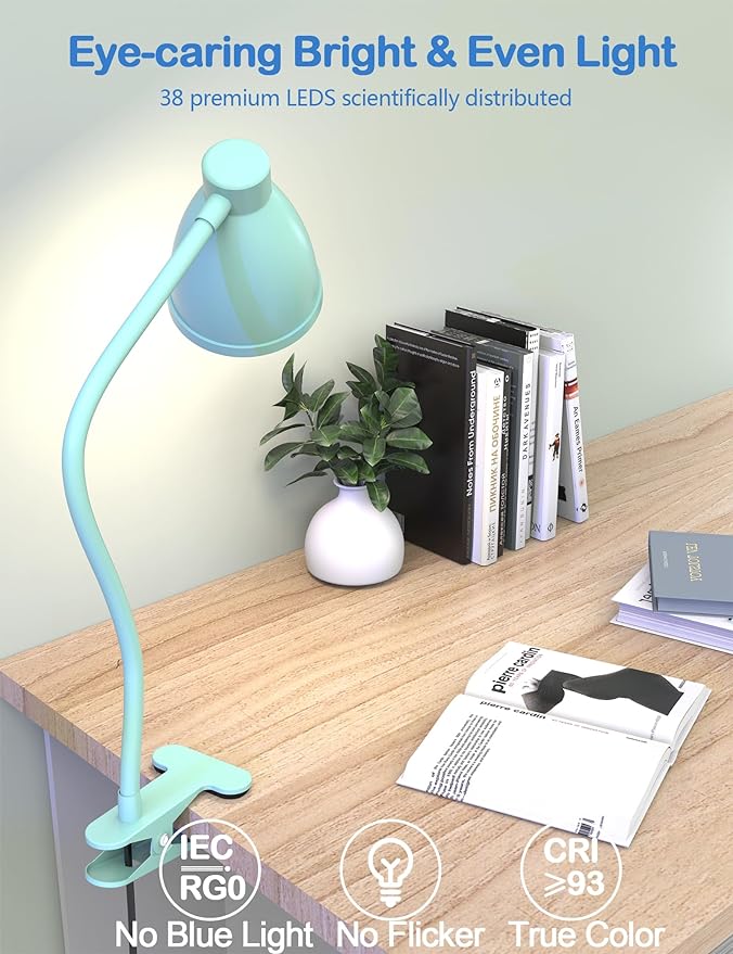 BOHON Desk Lamp with Clamp, 10W 38 LED Clip on Light, 3 Color 10 Brightness Auto Off Timer, Flexible Gooseneck Clip Lamp, Desk Lights for Office Home Bed Bedside Reading, Adapter Include, Teal