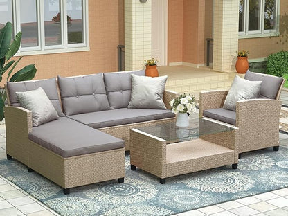 4 Piece Outdoor Patio Furniture Set, Sectional Conversation All-Weather Grey PE Wicker w/Seat Cushions for Backyard Porch Garden Poolside Balcony, Onesize, Ob-Gray