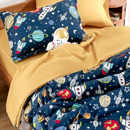 SLEEP ZONE Kids Bedding Comforter Set Full/Queen Size - Super Soft & Cute Printed 3-Piece Comforter Set All Seasons for Boys, Girls, Fade Resistant, Machine Washable, Rocket Galaxy