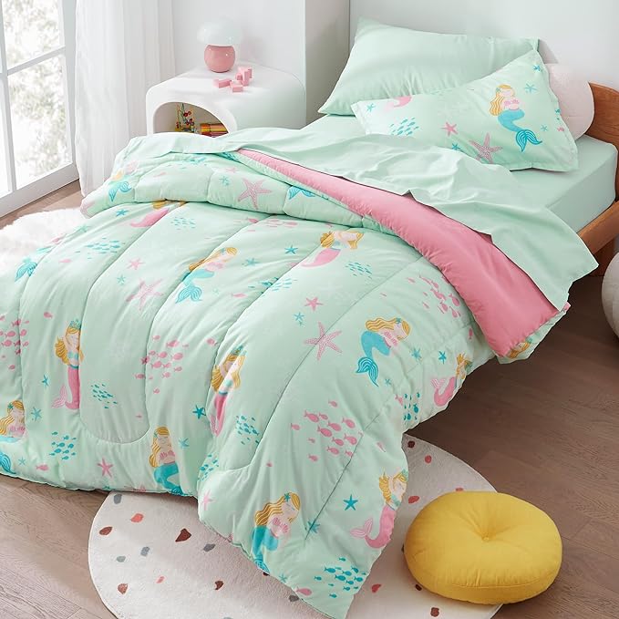 SLEEP ZONE 3 Pieces Comforter Set, Breathable & Super Soft All Season Kids Comforter Set, Cartoon Design for Children, Girls, Easy Care, Washable (Mermaid Princess, Full/Queen)