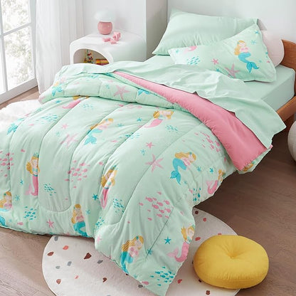 SLEEP ZONE 3 Pieces Comforter Set, Breathable & Super Soft All Season Kids Comforter Set, Cartoon Design for Children, Girls, Easy Care, Washable (Mermaid Princess, Full/Queen)