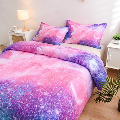 A Nice Night Galaxy Bedding Sets Outer Space Comforter 3D Printed Space Quilt Set Queen Size Glitter Pink Color,for Children Boy Girl Teen Kids