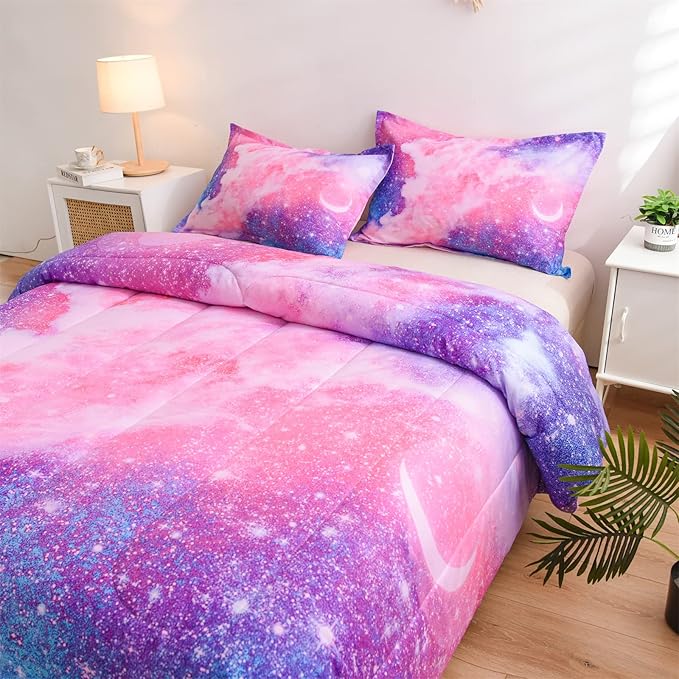 A Nice Night Galaxy Bedding Sets Outer Space Comforter 3D Printed Space Quilt Set Full Size Glitter Pink Color,for Children Boy Girl Teen Kids