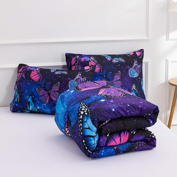Btargot 3 Piece Butterfly Pattern Girls Comforter Set with 2 Pillow Covers, Galaxy Outer Space Printed Bedding Set for Women, Queen Purple Blue