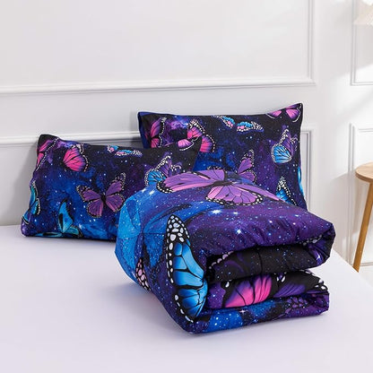 Btargot 3 Piece Butterfly Pattern Girls Comforter Set with 2 Pillow Covers, Galaxy Outer Space Printed Bedding Set for Women, Full Purple Blue