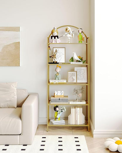 Bookcase Bookshelf, Tempered Glass Bookshelves, Slim Shelving Unit for Bedroom, Bathroom, Home Office, Steel Frame, 5 Tier Gold BC21599G