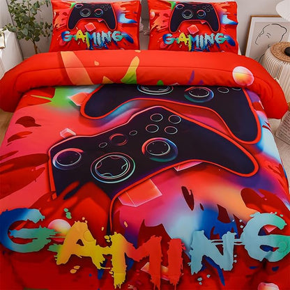 Aimuan Gaming Comforter Sets for Boys Kids Bedding Sets Video Games Console Action Buttons Novelty Colorful Game Gamepad Controller Modern Gamer Room Decor Home Quilt Set (Full, Red)