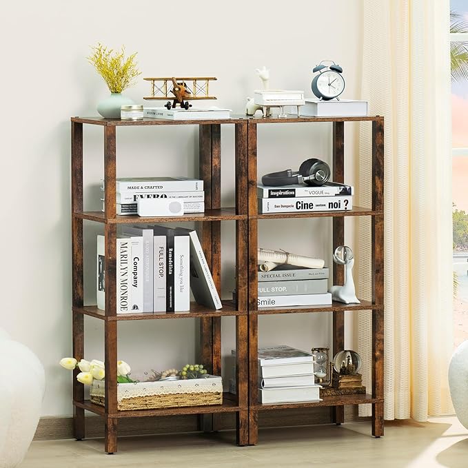 4 Tier Tall Wooden Bookshelf with Storage, Narrow Bookcase for Small Space, Small Book Shelf for Living Room, Office, Bedroom, Kitchen, Industrial, Rustic Brown
