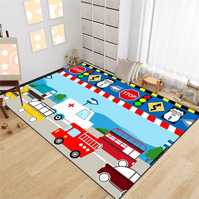Cartoon Ambulance Car Area Rug Car Carpet for Kids Play Rug for Cars and Trucks Car Rug Play Mat Car Track Rug Truck Rugs for Boys Room Rugs for Boys Bedroom,Light Blue 4'×5'