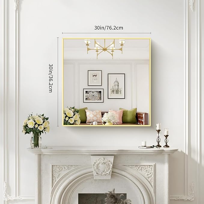 Gold Bathroom Mirror for Wall, 30x30 Inch Rectangle Mirrors with Metal Frame, Modern Vanity Wall Mirror Decor for Bathroom Living Room, Entryway Hangs Horizontal or Vertical