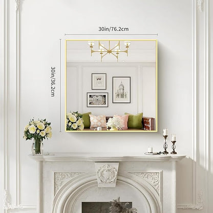 Gold Bathroom Mirror for Wall, 30x30 Inch Rectangle Mirrors with Metal Frame, Modern Vanity Wall Mirror Decor for Bathroom Living Room, Entryway Hangs Horizontal or Vertical