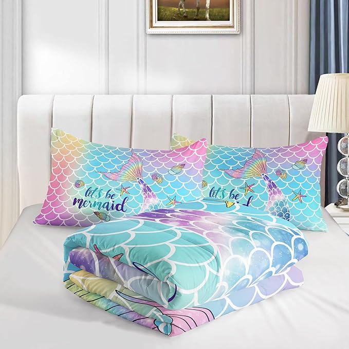 Datura home Bedding Comforter Set Rainbow Scales Mermaid Printed Pattern Bedding Set with 1 Comforter and 2 Pillowcases for Girls Bedroom All Season(Rainbow Scales Mermaid Queen), 90x90inches