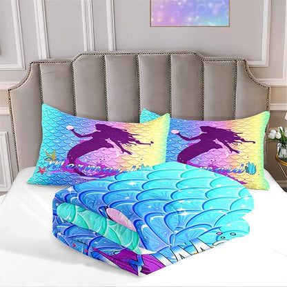 Pink Mermaid Comforter Set Full 3 Piece Fish Scale Patterns Printed Full Comforter Sets for Girls All Season Ultra Soft MIcrofiber Mermaid Bed Set Quilted Duvet with 2 Pillowcases, Full Size
