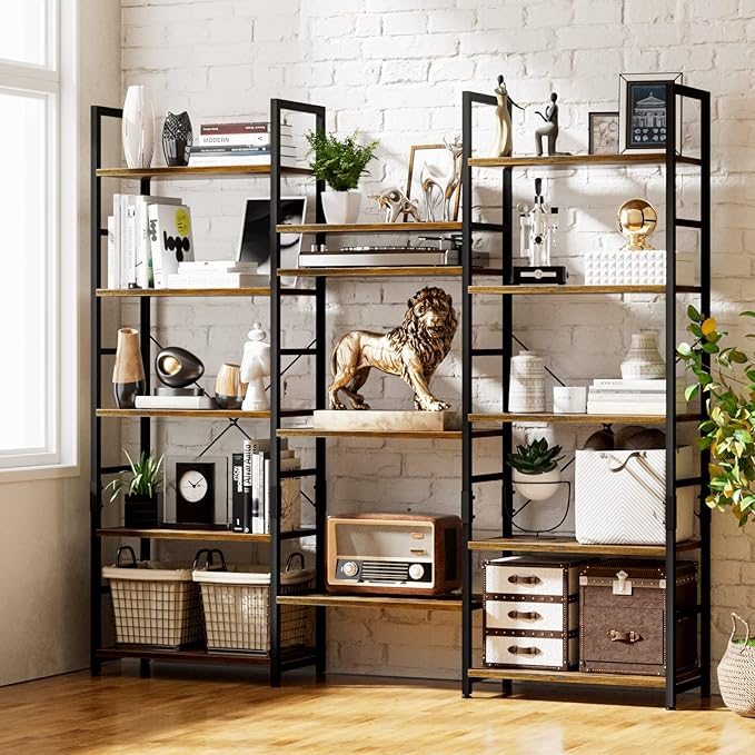 NUMENN Triple Wide 5 Tier Bookshelf, Rustic Industrial Style Bookcases with 14 Open Display Shelves, Modern Tall Bookcase Furniture for Bedroom, Living Room and Home Office, Vintage