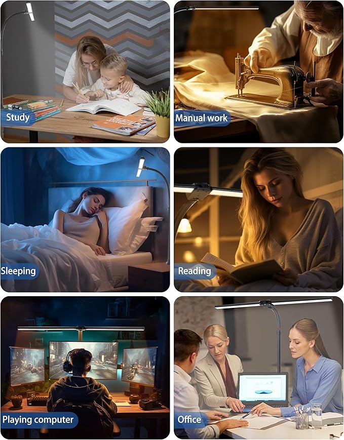 LED Desk Lamp with Remote for Home Office,24W Bright Desk Light with Clamp for Study Reading, Double Head Eye-Caring Clip on Lights,10 Dimmable Brightness, 50,000H Life Span,Desk Lamp for Workbench