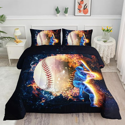 Axolotl 3D Baseball Comforter Set Twin,Sports Bedding,Red Blue Water Fire Comforter Set,Sports Baseball Loveer Bedding Set,Sport Game Comforter for Kids Boys Teens Adults,1 Quilt 2 Pillowcases