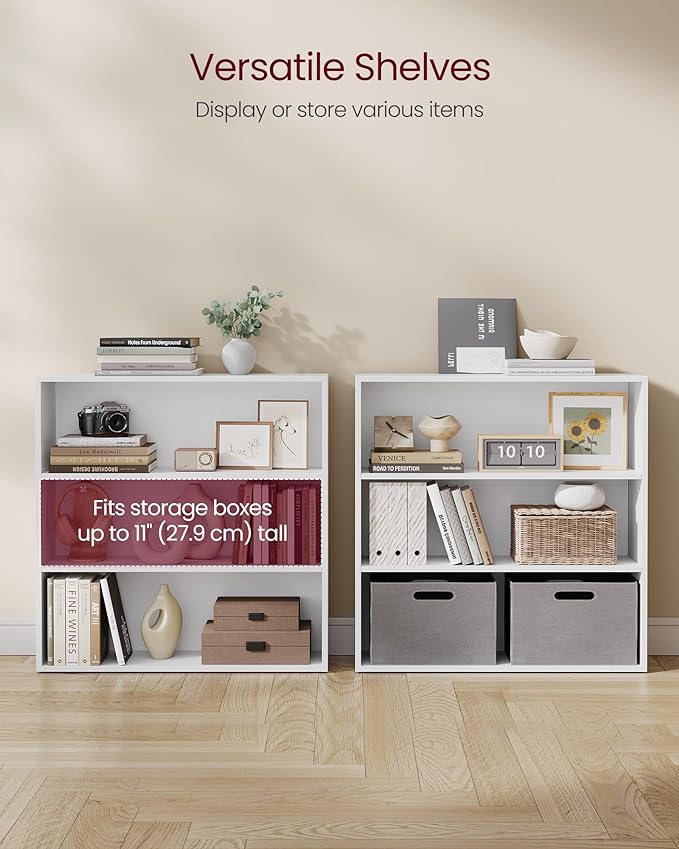 VASAGLE Bookshelf, 31.5 Inches Wide, 3-Tier Open Bookcase with Adjustable Storage Shelves, Floor Standing Unit, Cloud White ULBC173T14