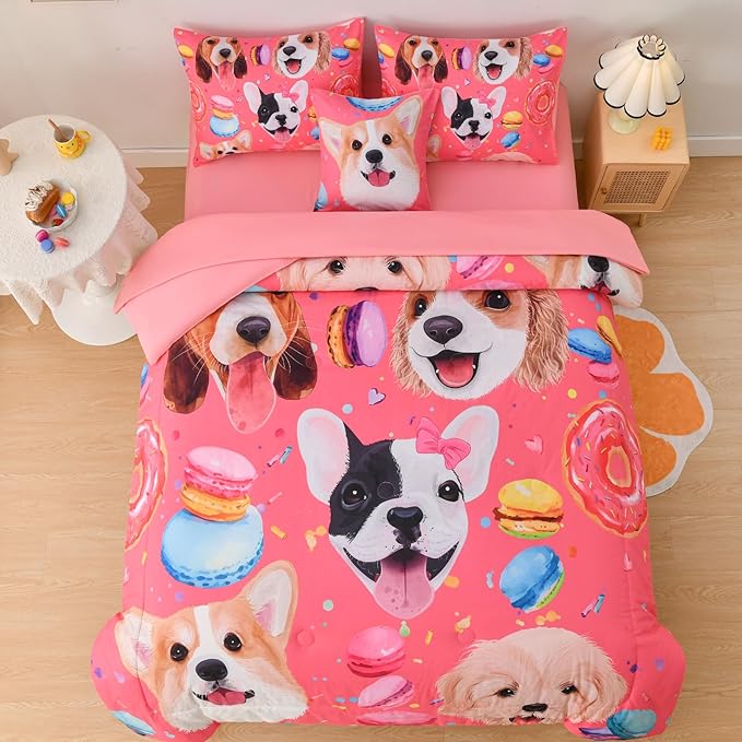 DORCAS Pink Girls Bedding Sets Full with Comforter and Sheets Cute Dog Comforter Set Full Girls,6 Pieces Animal Bedding Sets Full with Sheets for Kids