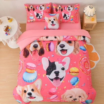 DORCAS Pink Girls Bedding Sets Full with Comforter and Sheets Cute Dog Comforter Set Full Girls,6 Pieces Animal Bedding Sets Full with Sheets for Kids