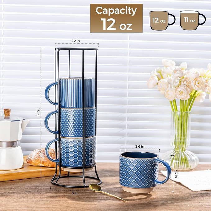 GBhome 12 OZ Stackable Coffee Mugs Set of 4, Ceramic Coffee Cups Set | Coffee Mugs With Stand, Dishwasher&Microwave Safe, 4 Assorted Designs
