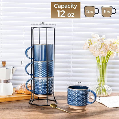 GBhome 12 OZ Stackable Coffee Mugs Set of 4, Ceramic Coffee Cups Set | Coffee Mugs With Stand, Dishwasher&Microwave Safe, 4 Assorted Designs