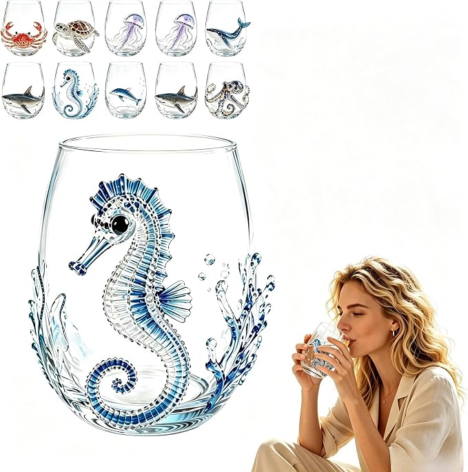 Novelty 3D Sculpted Ocean Life Stemless Wine Glasses, 12oz Embossed Sea Animal Glassware for Beverages, Premium Borosilicate Glass Beach Gifts (Seahorse)