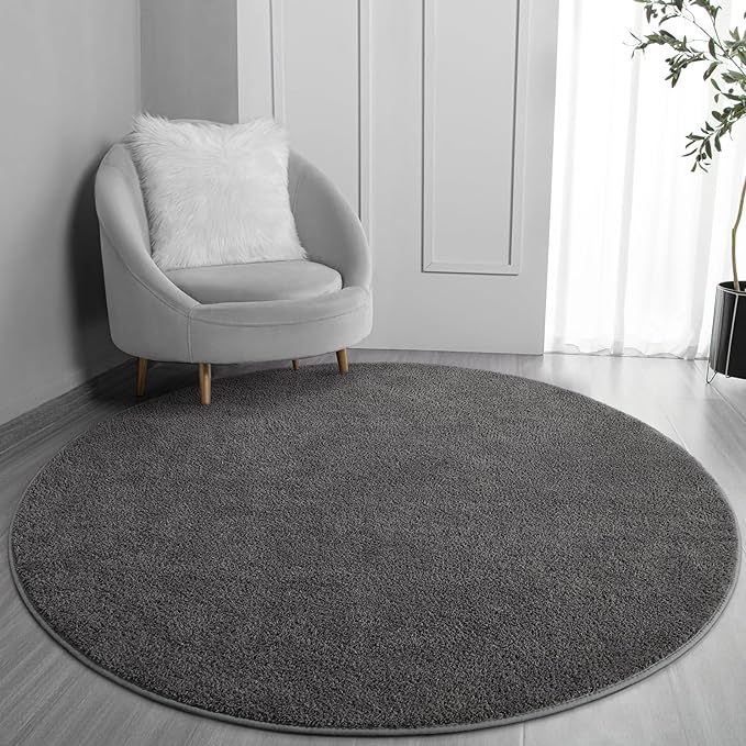 Round Area Rugs for Bedroom Living Room, 4x4 Dark Grey Super Soft Comfy Thickened Memory-Foam Indoor Circle Carpet, Modern Aesthetic Minimalist Carpet for Boys Girls Adults Nursery Home Décor