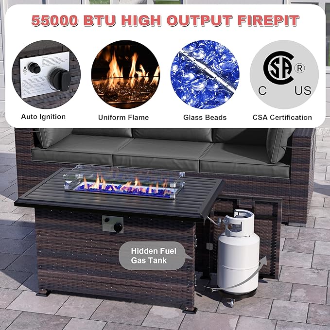 Patio Furniture Sectional Sofa Set 10-Pieces PE Rattan Patio Conversation Set w/43in Gas Fire Pit Table, Outdoor Furniture with 55000 BTU Propane Fire Pit, Grey