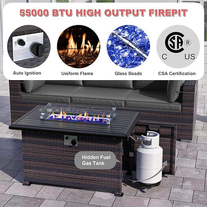 Patio Furniture Sectional Sofa Set 11-Pieces PE Rattan Swivel Rocking Chairs Patio Conversation Set w/43in Gas Fire Pit Table, Outdoor Furniture with 55000 BTU Propane Fire Pit, Grey