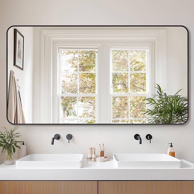 Bathroom Mirror 55" x 30", Large Rectangle Wall Mirror, Black Metal Frame Wall Mounted Mirrors for Bathroom, Vanity, Bedroom, Entryway Decor(Horizontal/Vertical)