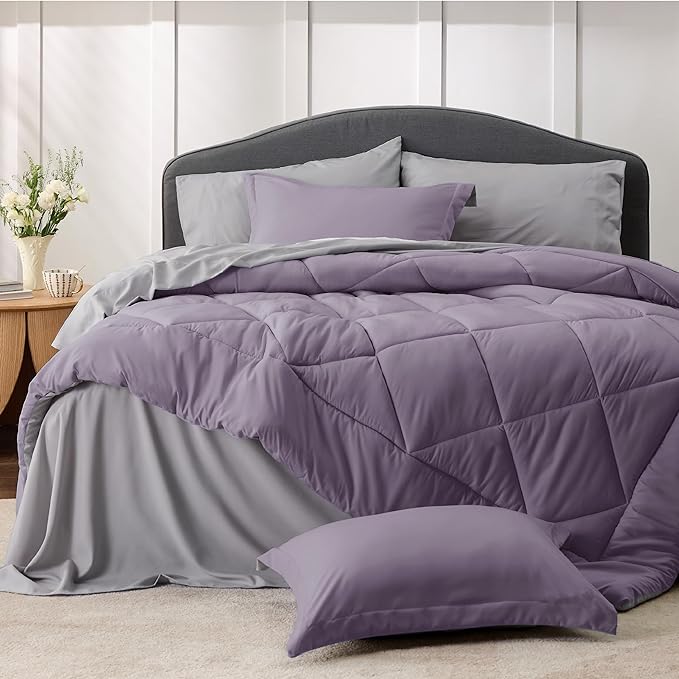 Bedsure Grayish Purple Queen Comforter Set - 7 Pieces Reversible Queen Bed in a Bag, Queen Bed Set Grayish Purple and Grey with Comforters, Sheets, Pillowcases & Shams