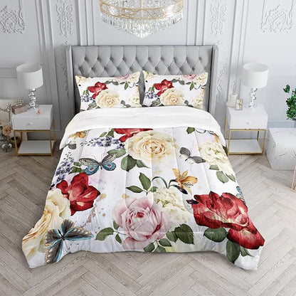 Butterfly Comforter Set for Girls Kids Adults Watercolor Butterfly Rose Bedding Set Aesthetics Butterflies Quilt Duvet Set Queen Size with 1 Comforter and 2 Pillowcases