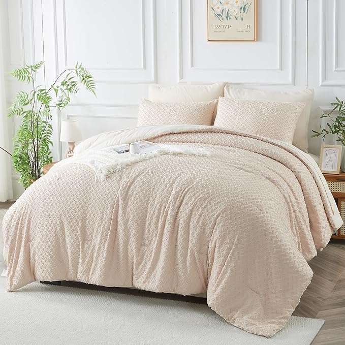 Twin Size Tufted Kids Comforter Set 6 Piece Beige Jacquard Tufts Embroidery Bedding Set for Boys Girls Bed in A Bag Quilt with 1 Comforter, 1 Flat Sheet, 1 Fitted Sheet, 1 Pillowcase and 2 Pillow Sham