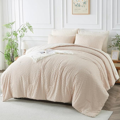 Twin Size Tufted Kids Comforter Set 6 Piece Beige Jacquard Tufts Embroidery Bedding Set for Boys Girls Bed in A Bag Quilt with 1 Comforter, 1 Flat Sheet, 1 Fitted Sheet, 1 Pillowcase and 2 Pillow Sham