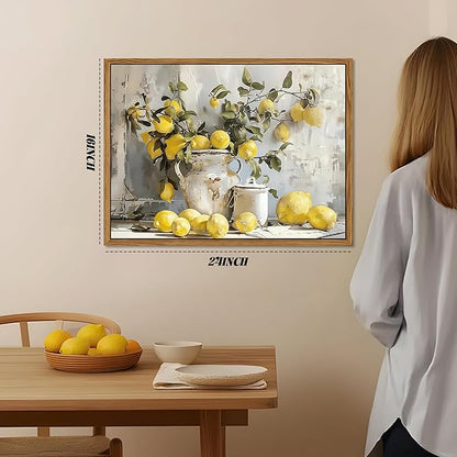 Framed Lemon Kitchen Wall Decor for Dining Room - Vintage Mustard French's Yellow Lemon Kitchen Wall Art, Rustic Oil Paintings Posters Prints for Bathroom Living Room Bedroom 16x24 inch