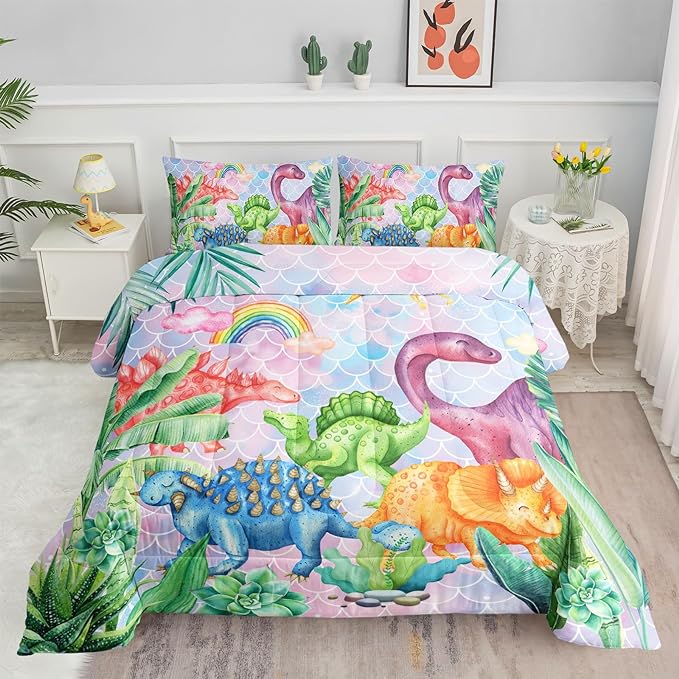 Datura home Kids Dinosaur Comforter Set for Girls Women,Cute Mermaid Scales and Rainbow Cloud Printed Pattern Kawaii Dinosaur Bedding Set with 2 Pillowcases(Dinosaur Rainbow Queen)