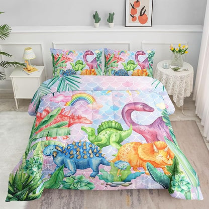 Datura home Kids Dinosaur Comforter Set for Girls Women,Cute Mermaid Scales and Rainbow Cloud Printed Pattern Kawaii Dinosaur Bedding Set with 2 Pillowcases(Dinosaur Rainbow Twin)
