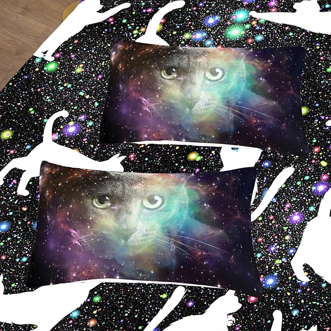 Tailor Shop Cat Comforter Set for Kids Boys Girls Teens Cute Cartoon Cat Galaxy Bedding Sets Black Dreamy Outer Space Twin Size with 1 Comforter 1 Pillow Sham…………