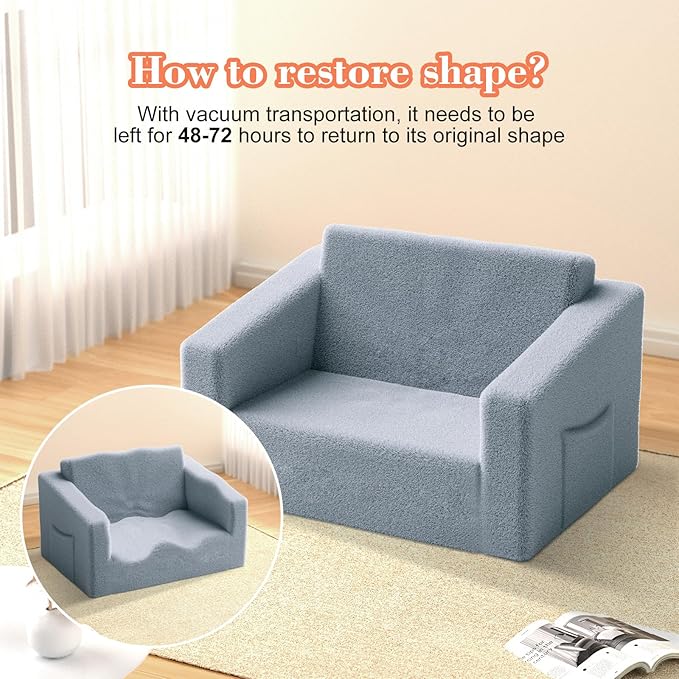 Extra Wide 2 Seater Kids Couch, 2-in-1 Toddler Chairs for Boys & Girls, Kids Sofa with Storage, Comfortable Mini Couch for Kids, Fun Kids Lounge Chair, Toddler Furniture,Children's Gifts(Grey)