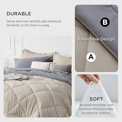 Bedsure Beige King Comforter Set - 7 Pieces Reversible Bed Set Bed in a Bag King with Comforters, Sheets, Pillowcases & Shams, King Bedding Sets