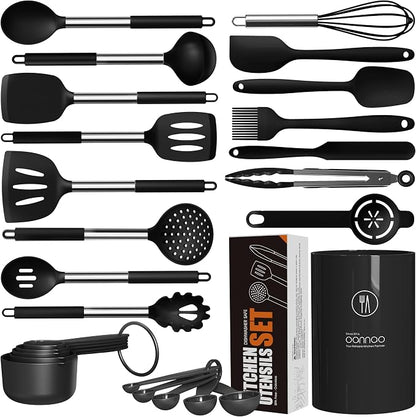 oannao Large Silicone Cooking Utensils Set - Heat Resistant Kitchen Utensils Sets,Spatula,Spoon,Turner Tongs,Whisk,Stainless Steel Cooking Utensil for Nonstick Cookware Dishwasher Safe (Black)